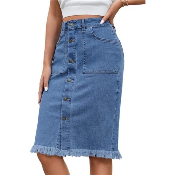Women's Casual Mid Button Down Frayed Raw Hem Skirt Light Blue - Picture 1 of 7